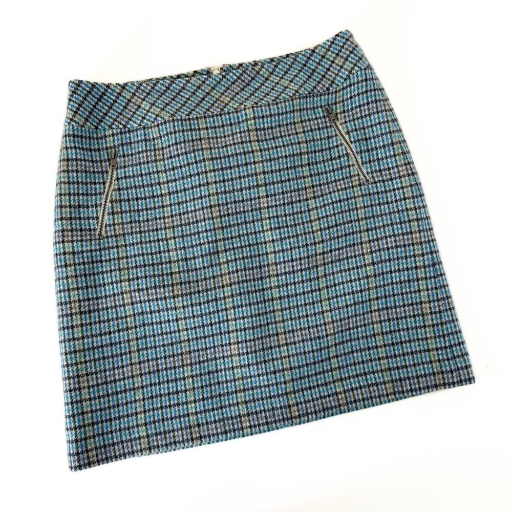 Talbots Blue Gray Plaid Wool Blend Pencil Skirt Zip Pockets Women’s 10